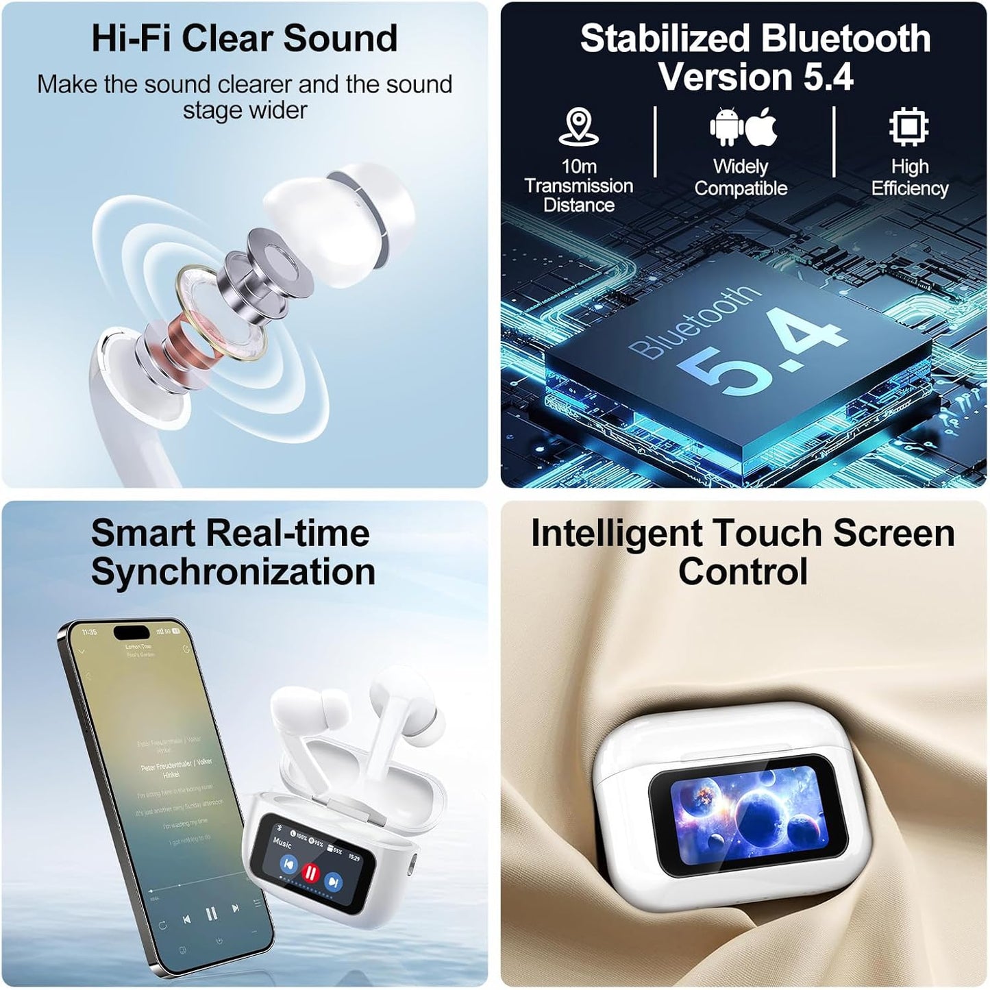 Bluetooth 5.4 Wireless Earbuds – ANC ENC Noise Cancelling In-Ear Headphones with Touch Screen & Microphone for Android/iOS