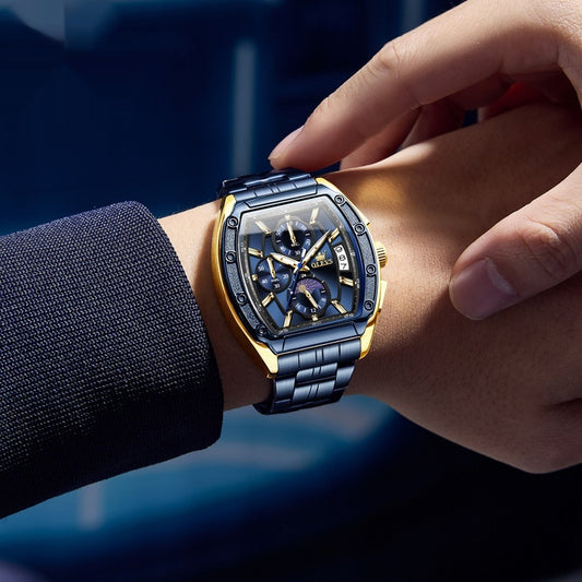 Luxury Steel Belt Quartz Luminous Men’s Tonneau Watc