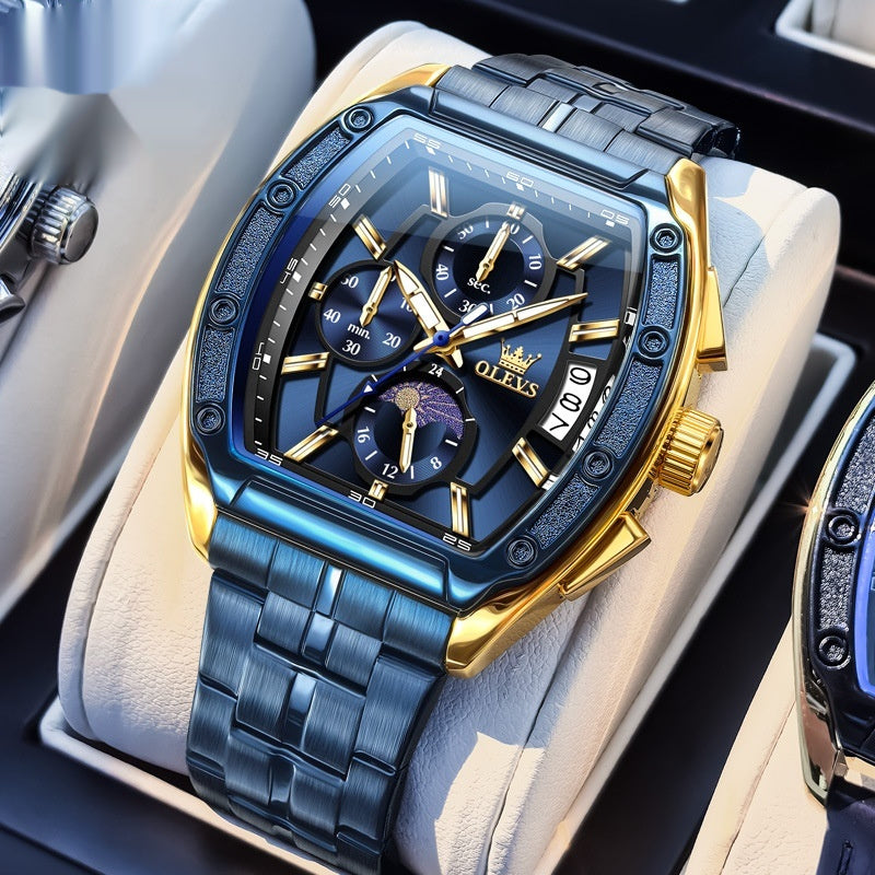 Luxury Steel Belt Quartz Luminous Men’s Tonneau Watc