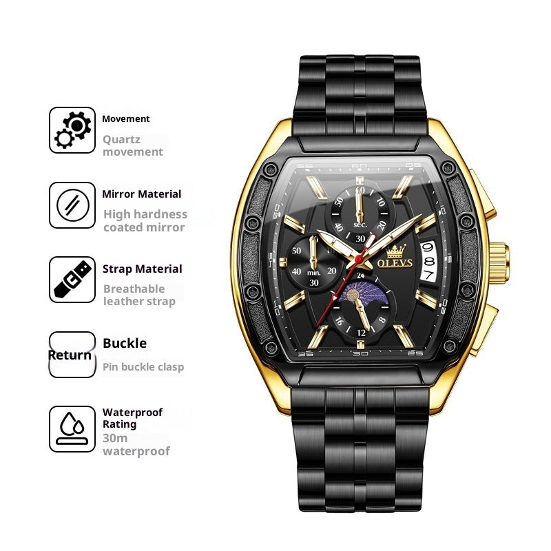 Luxury Steel Belt Quartz Luminous Men’s Tonneau Watc