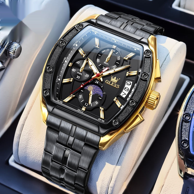 Luxury Steel Belt Quartz Luminous Men’s Tonneau Watc
