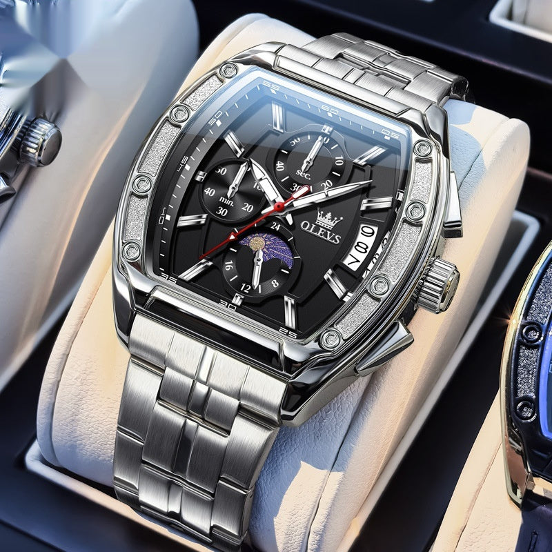 Luxury Steel Belt Quartz Luminous Men’s Tonneau Watc