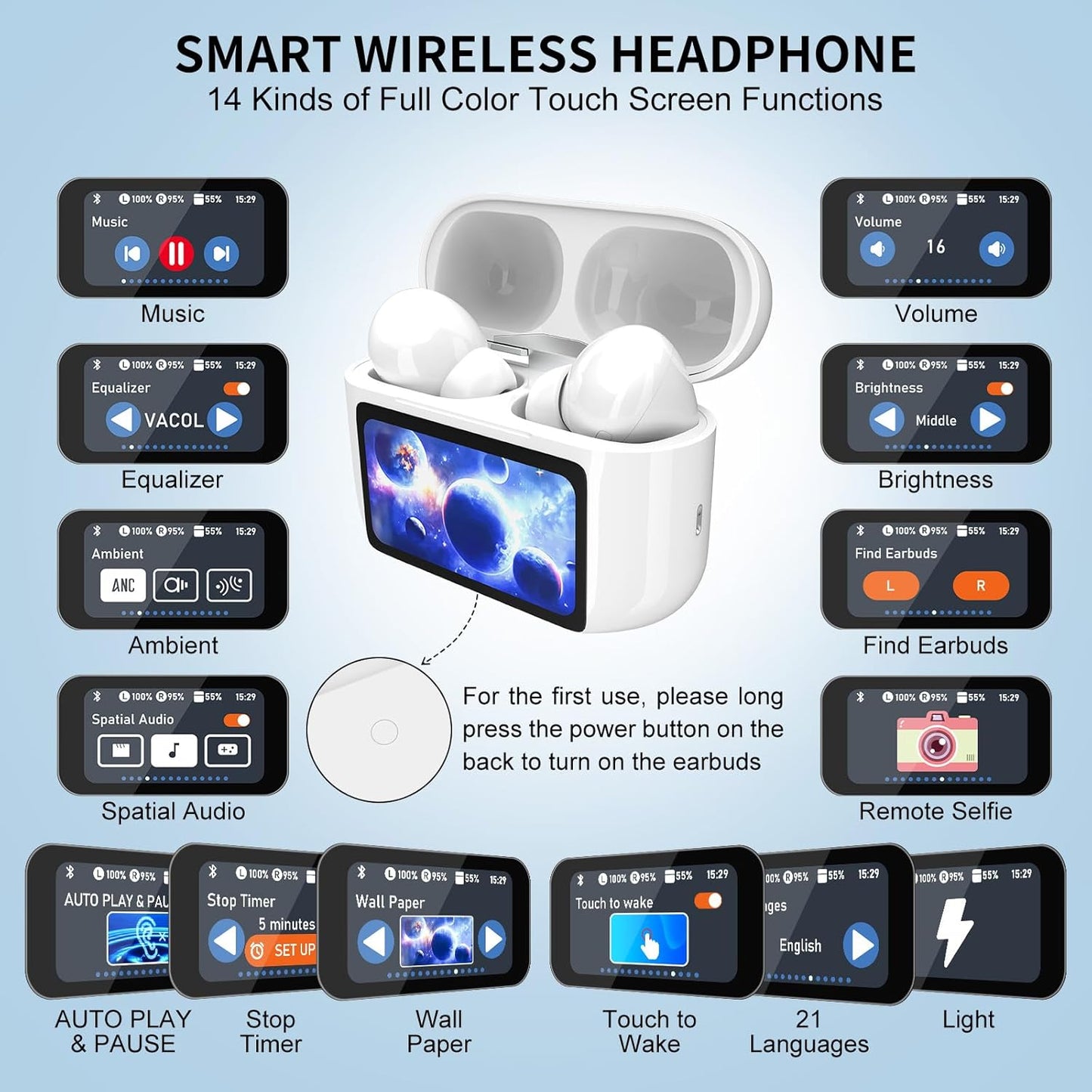 Bluetooth 5.4 Wireless Earbuds – ANC ENC Noise Cancelling In-Ear Headphones with Touch Screen & Microphone for Android/iOS
