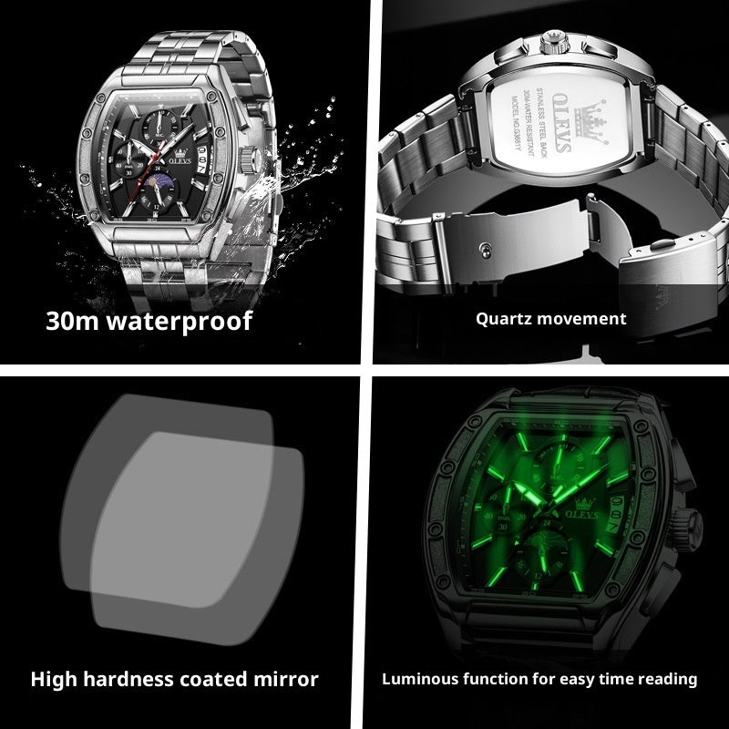 Luxury Steel Belt Quartz Luminous Men’s Tonneau Watc