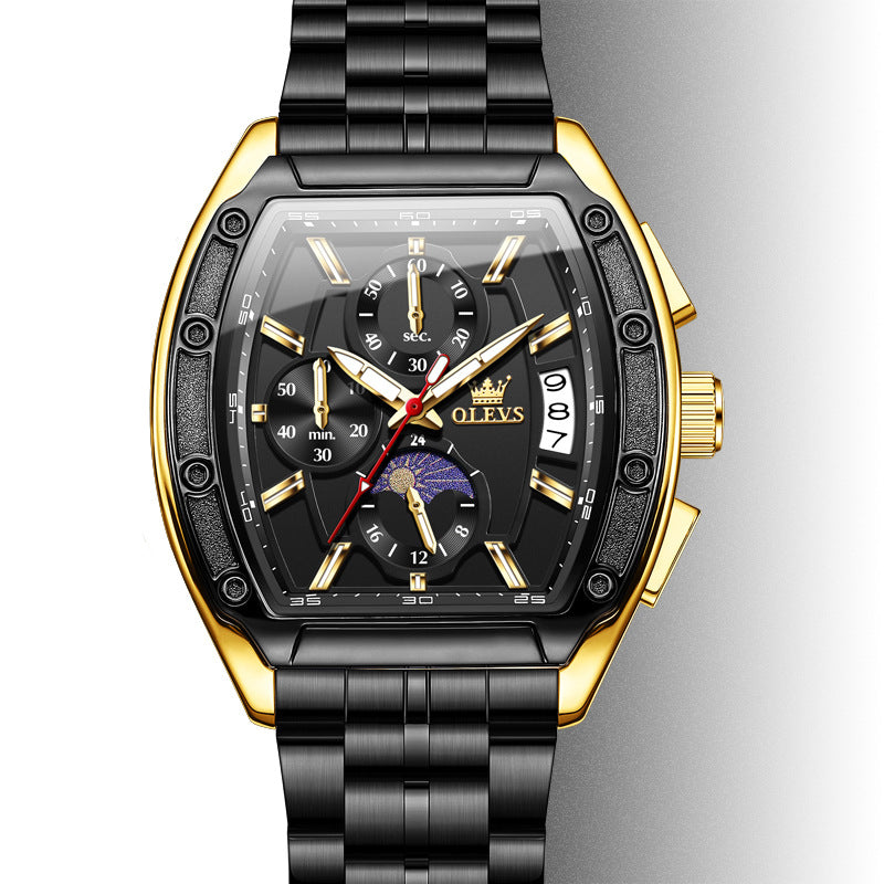 Luxury Steel Belt Quartz Luminous Men’s Tonneau Watc
